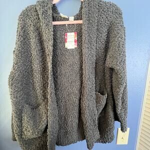 Roxy Weekend Retreat Charcoal Women's fuzzy Cardigan open front with hood small